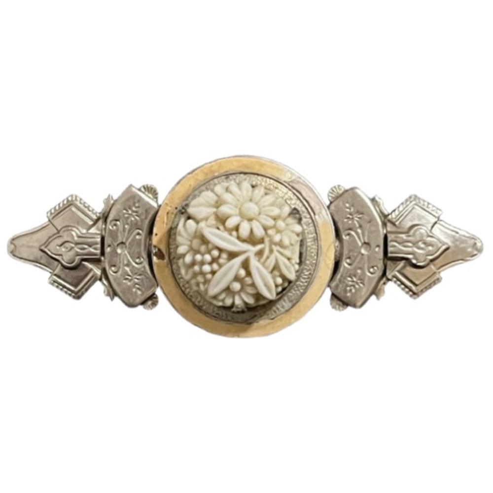 Antique Victorian Floral Carved Cameo Bar Brooch